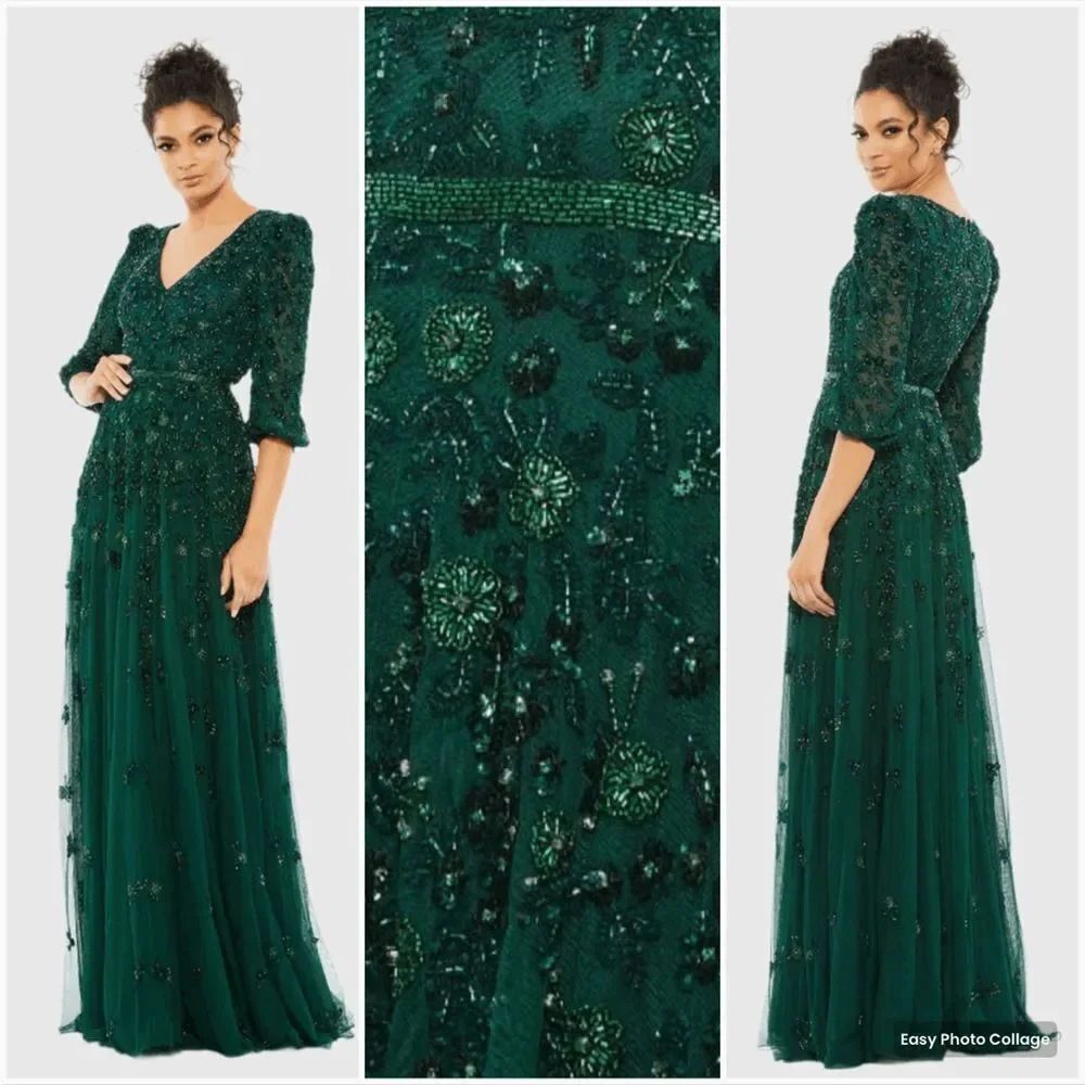 NWT Mac Duggal 5497 Green Embellished V Neck 3/4 Sleeve A Line Gown 4 $798